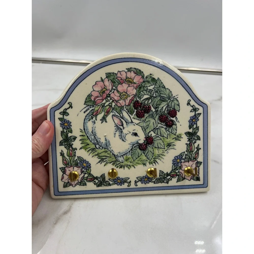 Vintage Ceramic Rabbit Key Rack Wall Hanging Blackberry Floral Bunny Plaque